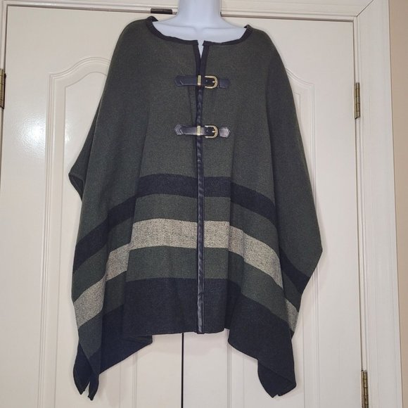 NWT Rafaella Spruce Heather Green & Black Striped‎ Wool Blend Poncho/Cape Size M - Picture 1 of 10
